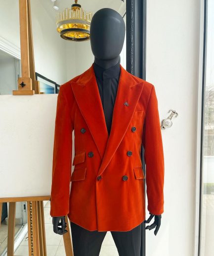 A vermillion Orange, soaked Italian velvet, double breasted, Lower Cut suit