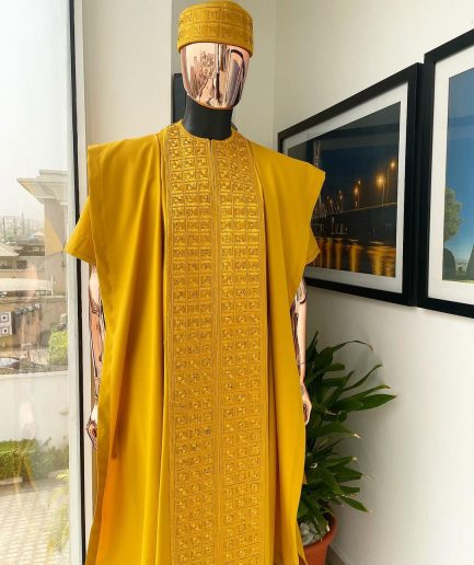 A Gold Yellow, Connected Square Embroidery Design with Matching Gold Swarovski Stone Details Agbada