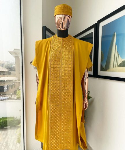 A Gold Yellow, Connected Square Embroidery Design with Matching Gold Swarovski Stone Details Agbada