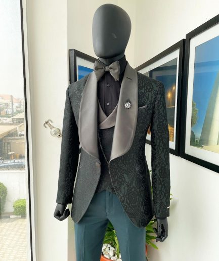 A “spirogyra” patterned, phthalo green shawl lapel metallic jacquard suit