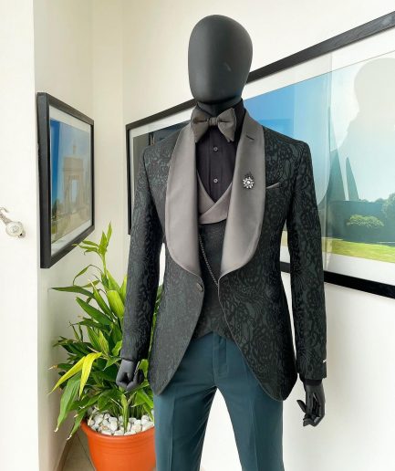 A “spirogyra” patterned, phthalo green shawl lapel metallic jacquard suit