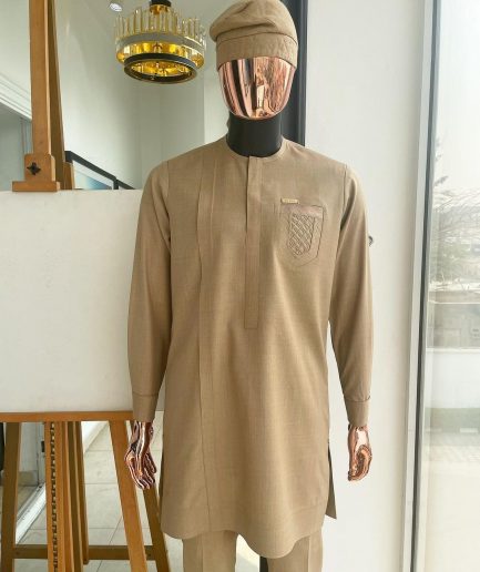 A tortilla brown, front flap, and ruffle pocket detail African traditional senator kaftan native