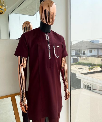 A mulberry burgundy, sport theme paisley flap & layered pocket detailing african traditional senator kaftan native.