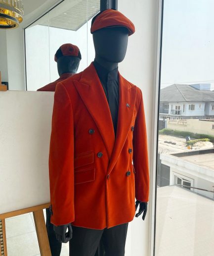A vermillion Orange, soaked Italian velvet, double breasted, Lower Cut suit