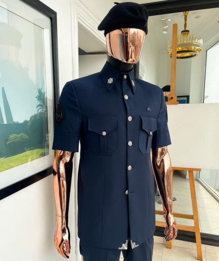 A reloaded Dark Aegean blue vintage “Havana” French safari suit
