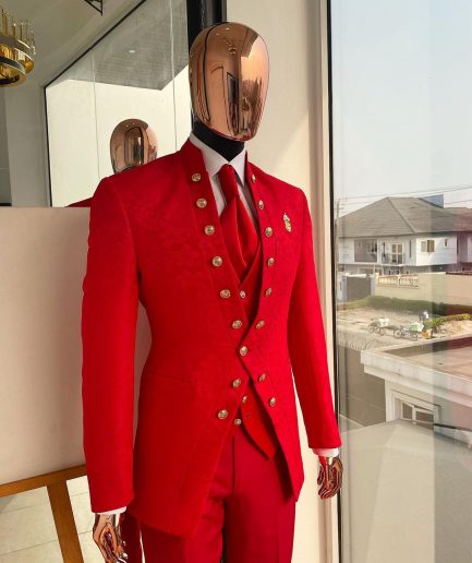 An “Empire” candy red, floral patterned metallic jacquard suit