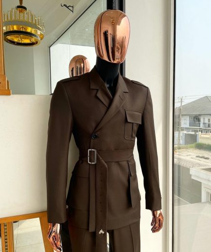 A monochrome “06-06-1944 - D-Day” Coffee brown, notch lapel, 2 button combat wrap suit