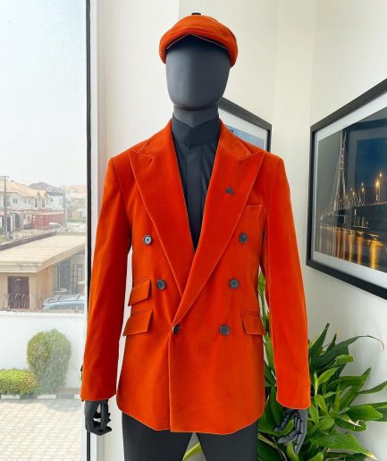 A vermillion Orange, soaked Italian velvet, double breasted, Lower Cut suit