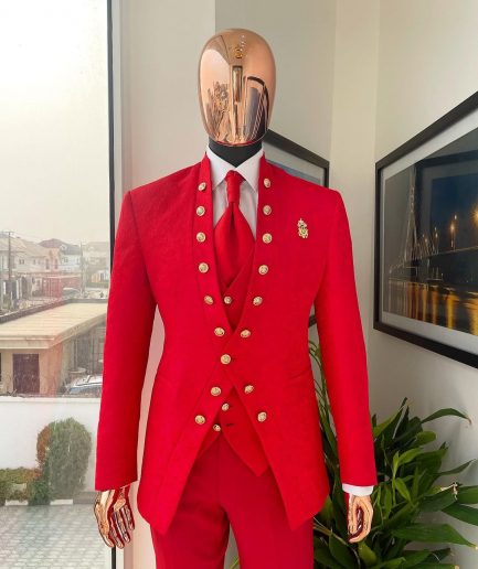 An “Empire” candy red, floral patterned metallic jacquard suit