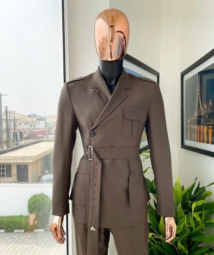 A monochrome “06-06-1944 - D-Day” Coffee brown, notch lapel, 2 button combat wrap suit