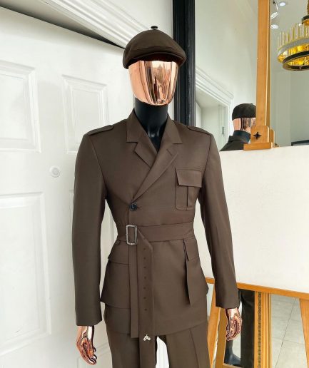 A monochrome “06-06-1944 - D-Day” Coffee brown, notch lapel, 2 button combat wrap suit