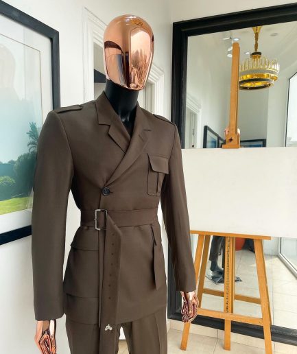 A monochrome “06-06-1944 - D-Day” Coffee brown, notch lapel, 2 button combat wrap suit