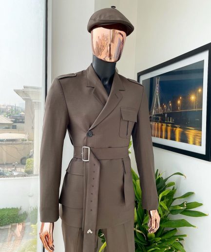A monochrome “06-06-1944 - D-Day” Coffee brown, notch lapel, 2 button combat wrap suit