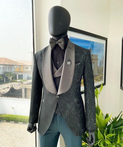 A “spirogyra” patterned, phthalo green shawl lapel metallic jacquard suit