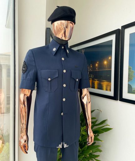 A reloaded Dark Aegean blue vintage “Havana” French safari suit