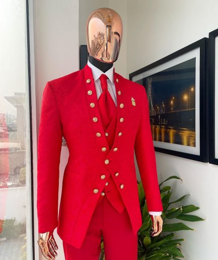 An “Empire” candy red, floral patterned metallic jacquard suit