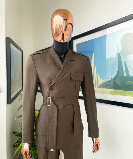 A monochrome “06-06-1944 - D-Day” Coffee brown, notch lapel, 2 button combat wrap suit