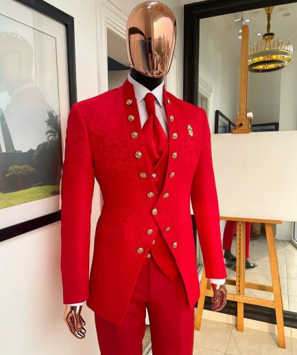 An “Empire” candy red, floral patterned metallic jacquard suit