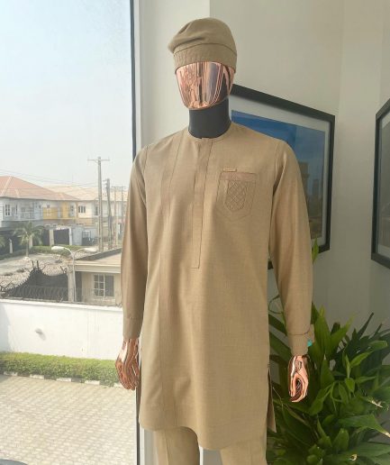 A tortilla brown, front flap, and ruffle pocket detail African traditional senator kaftan native