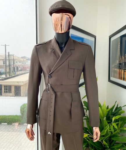 A monochrome “06-06-1944 - D-Day” Coffee brown, notch lapel, 2 button combat wrap suit