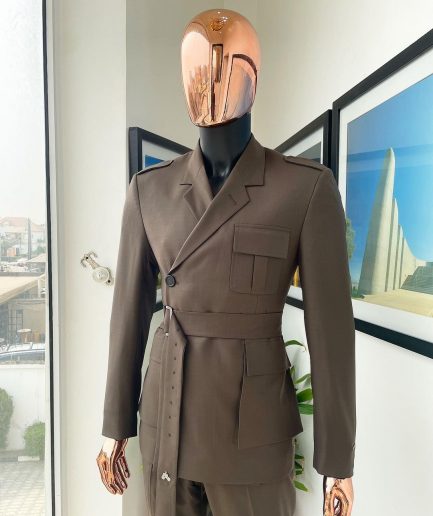 A monochrome “06-06-1944 - D-Day” Coffee brown, notch lapel, 2 button combat wrap suit