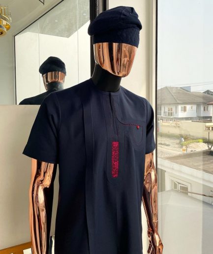 A Navy blue, curly connected with wine paisley detailing african traditional senator kaftan native.