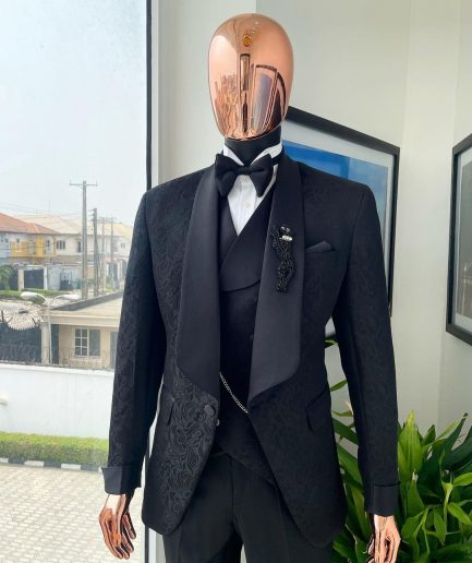 A Charcoal black, floral patterned jacquard tuxedo suit
