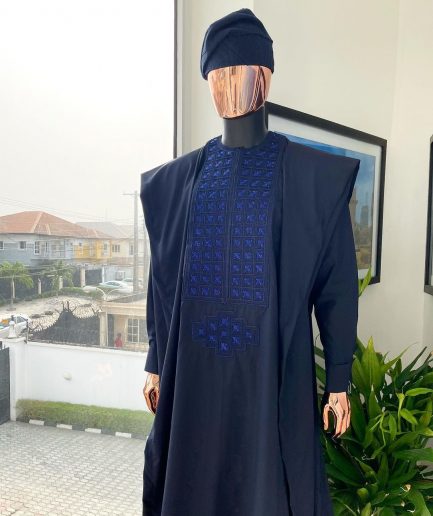 A Navy blue, connected square embroidery design with matching Skye blue Swarovski stone details agbada