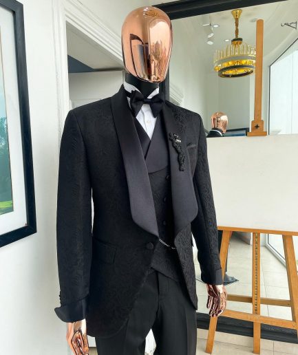 A Charcoal black, floral patterned jacquard tuxedo suit