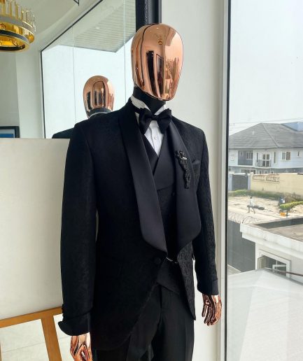 A Charcoal black, floral patterned jacquard tuxedo suit