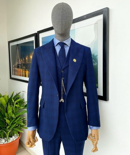 A Checkerboard Checkered Pattern, navy blue - nobility - “Board Room” peak lapel suit