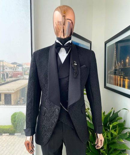 A Charcoal black, floral patterned jacquard tuxedo suit
