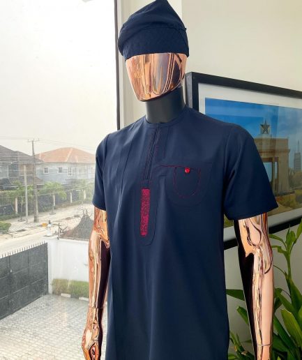 A Navy blue, curly connected with wine paisley detailing african traditional senator kaftan native.