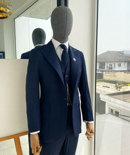 A Windowpane Check, Navy Blue - Nobility - “Board Room” Peak Lapel Suit