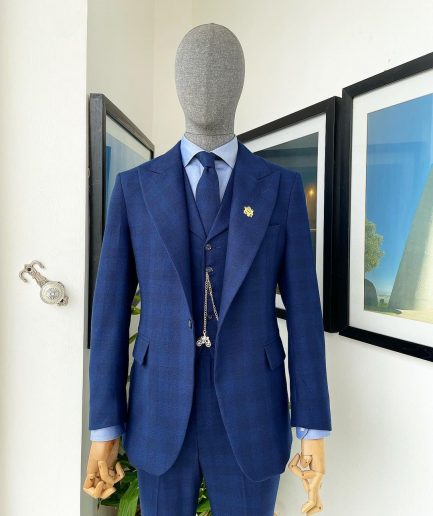 A Checkerboard Checkered Pattern, navy blue - nobility - “Board Room” peak lapel suit
