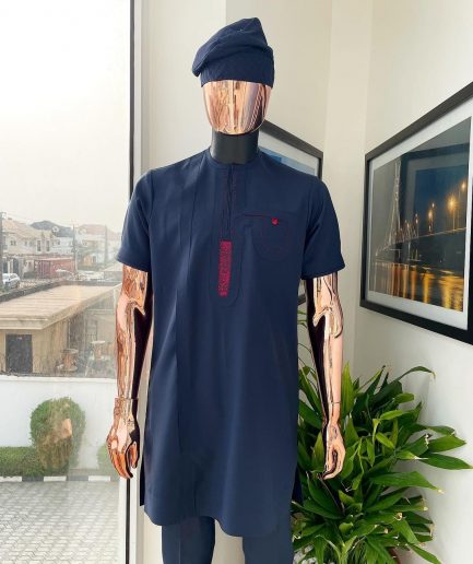 A Navy blue, curly connected with wine paisley detailing african traditional senator kaftan native.