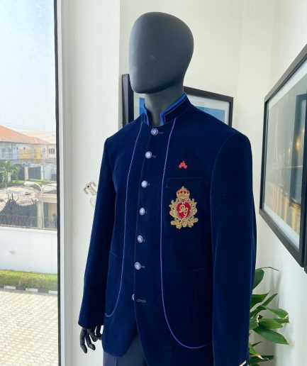 A Navy blue Soaked Italian velvet, long sleeve with woven tread taping safari suit