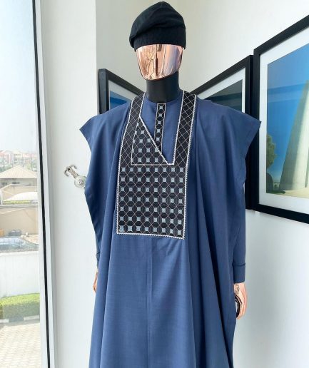 A Navy blue, connected square embroidery design details agbada
