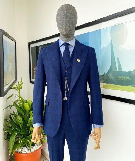 A Checkerboard Checkered Pattern, navy blue - nobility - “Board Room” peak lapel suit