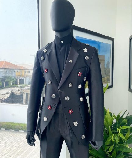 The Monochrome “okorodudu” mikado satin charcoal black notch lapel suit