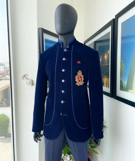 A Navy blue Soaked Italian velvet, long sleeve with woven tread taping safari suit