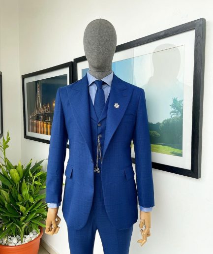 A glen plaid check, lapis blue - nobility - “Board Room” peak lapel suit