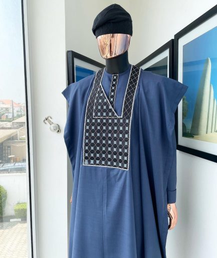A Navy blue, connected square embroidery design details agbada