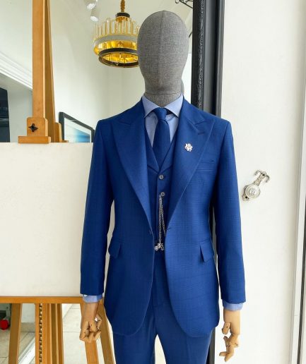 A glen plaid check, lapis blue - nobility - “Board Room” peak lapel suit