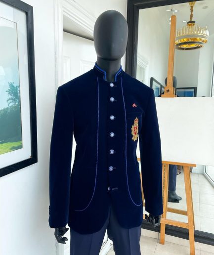 A Navy blue Soaked Italian velvet, long sleeve with woven tread taping safari suit