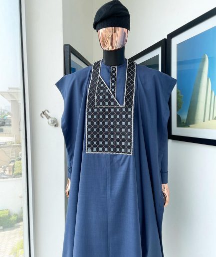 A Navy blue, connected square embroidery design details agbada