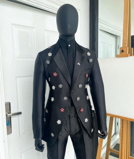 The Monochrome “okorodudu” mikado satin charcoal black notch lapel suit