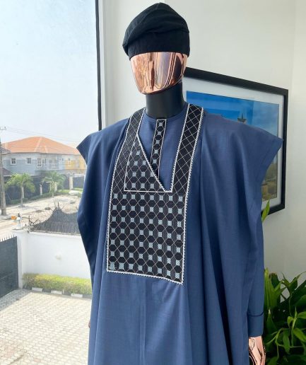 A Navy blue, connected square embroidery design details agbada