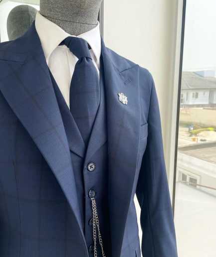 A Windowpane Check, Navy Blue - Nobility - “Board Room” Peak Lapel Suit