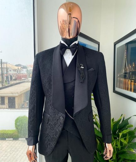 A Charcoal black, floral patterned jacquard tuxedo suit